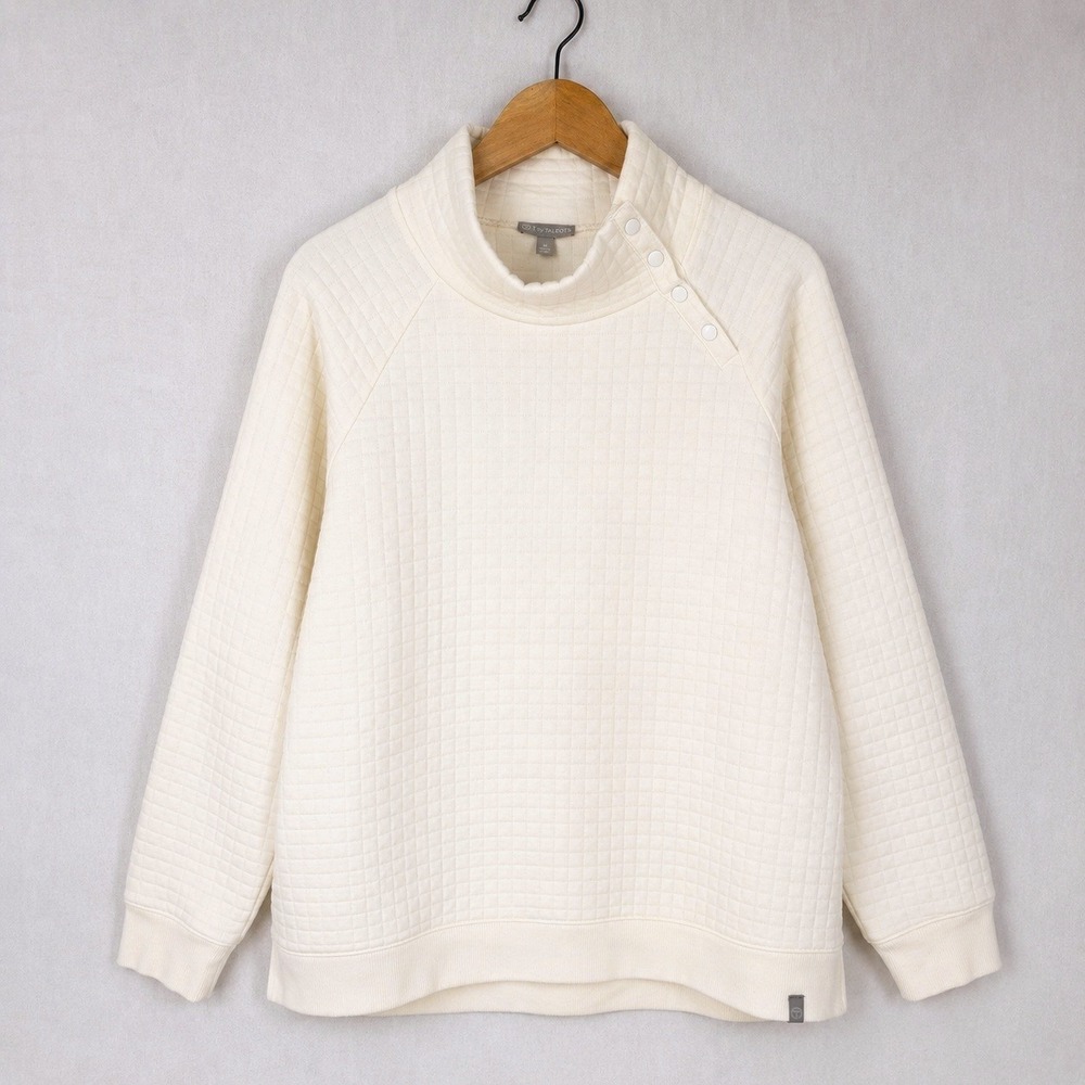 T by Talbots Womens Ivory Quilted Snap Funnel Neck Pullover Sweatshirt Size M